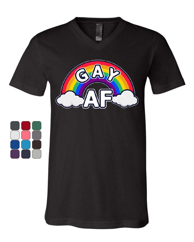 Gay AF V-Neck T-Shirt Rainbow Flag LGBTQ Equal Rights Pride Love Wins Tee