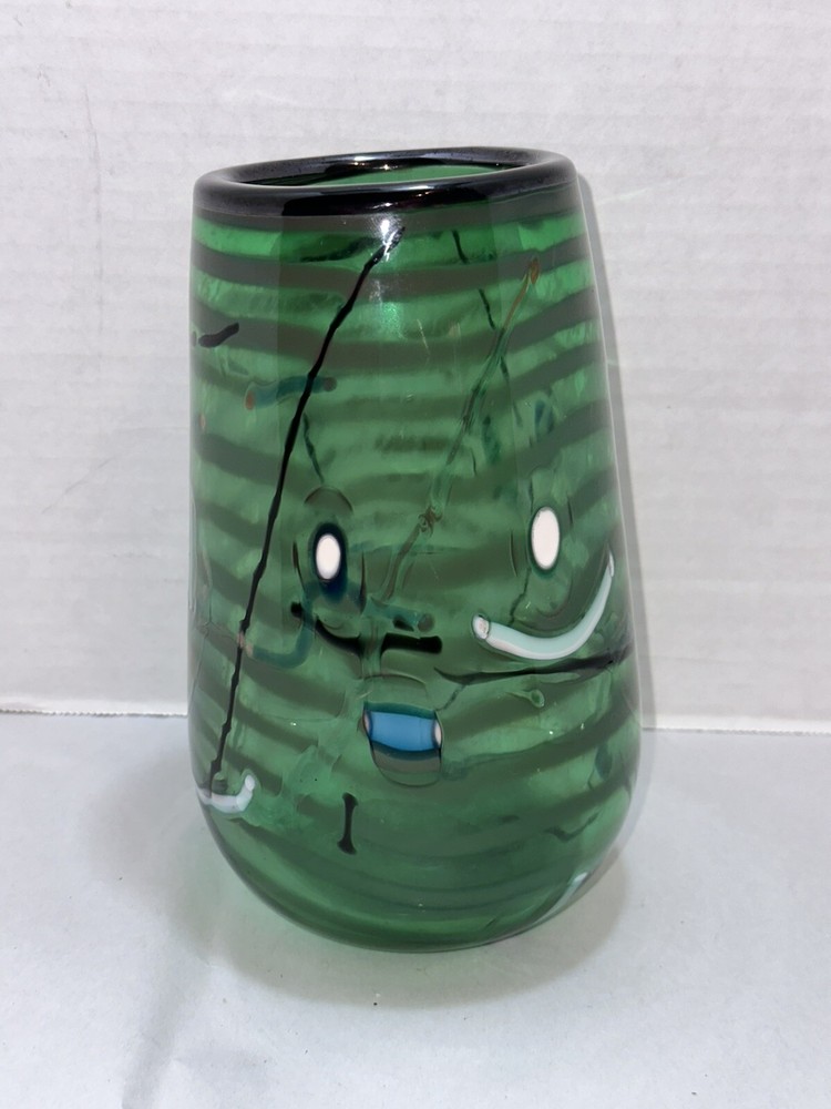 Vintage Forest Green Striped Blown Art Glass Face Vase Abstract Art Deco Smiley-image