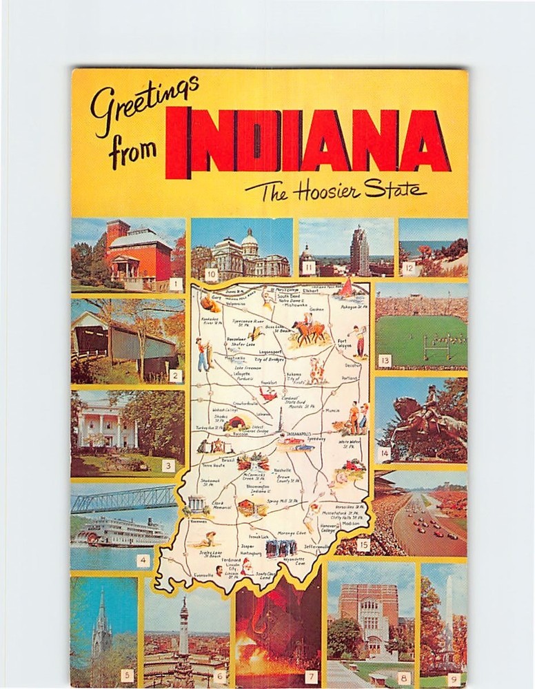 Postcard Map, Scenes & Views Greetings from Indiana USA