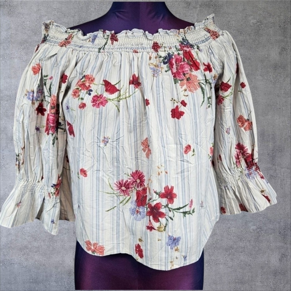 Zara Floral & Striped Off the Shoulder 3/4 Sleeve Top Size Medium Women's U24