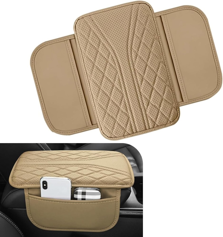 Car Center Console Cover, Leather Auto Armrest Cover with 2 Stora Color: Beige