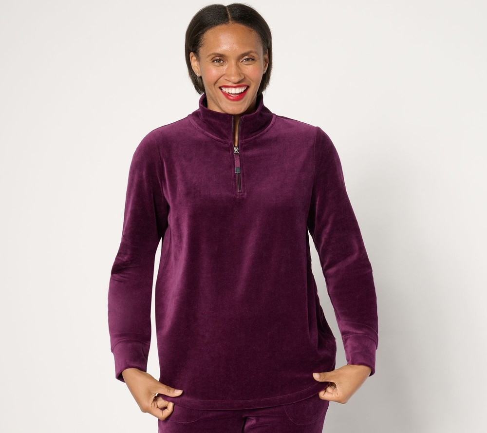 Denim & Co. Women's Top Plus Sz 1X Active Velour Quarter Zip Purple A673275