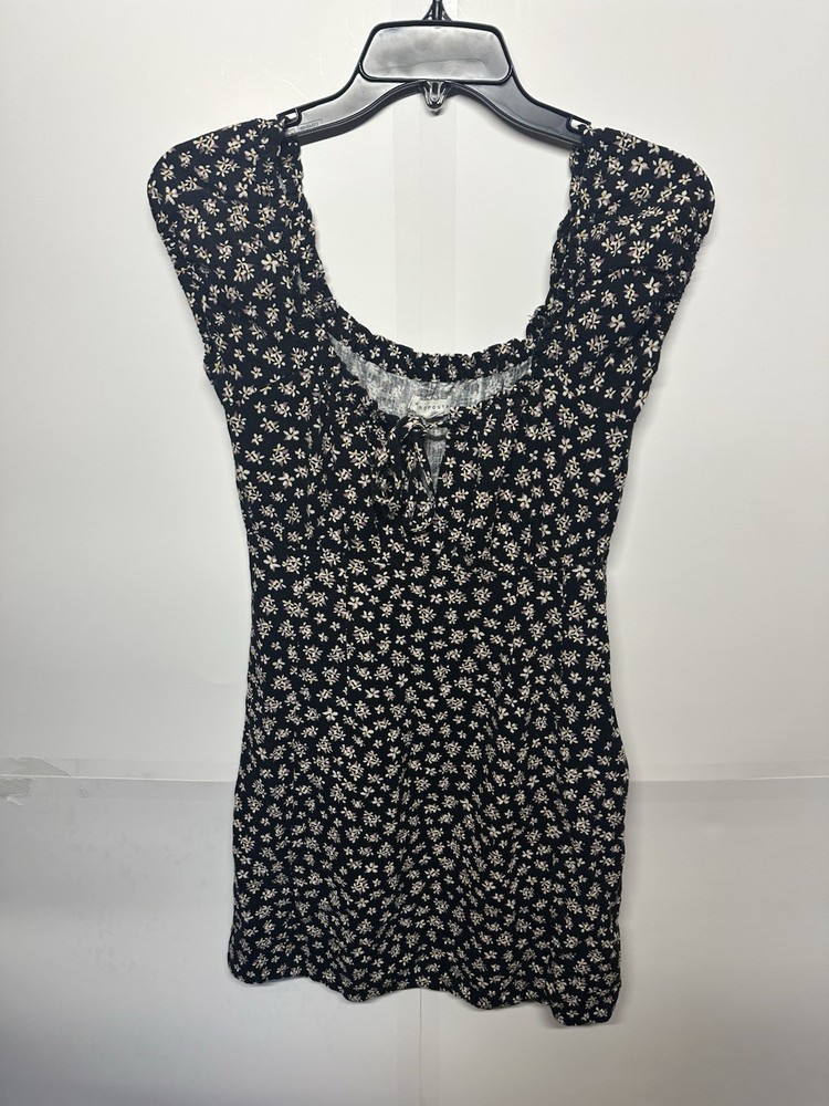Aeropostale Black White Floral Dress Linen Blend Off Shoulder Sleeve Size Small