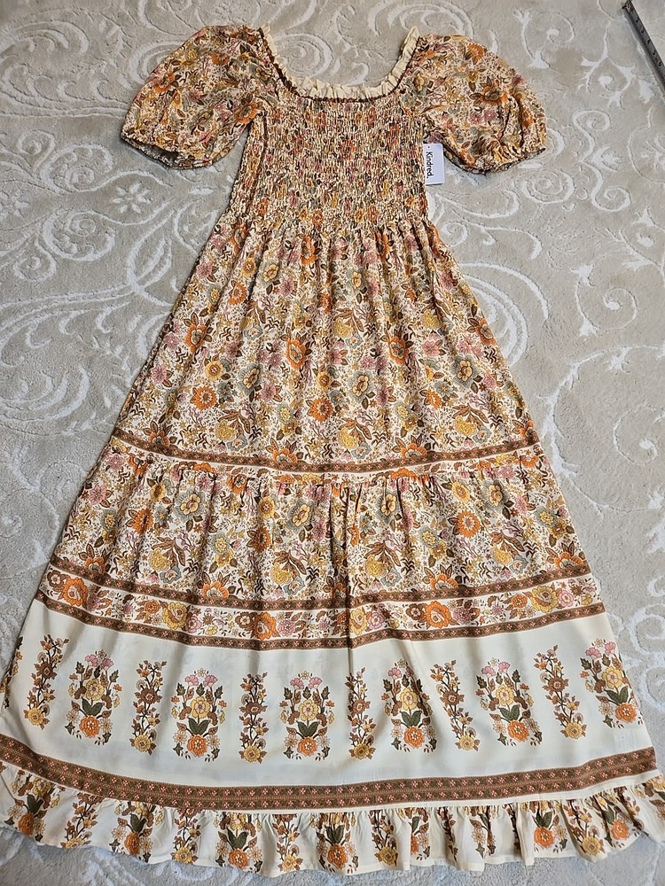 NWT Anthropologie Kindred L Smocked Boho Maxi Dress Tiered Ruffle Details