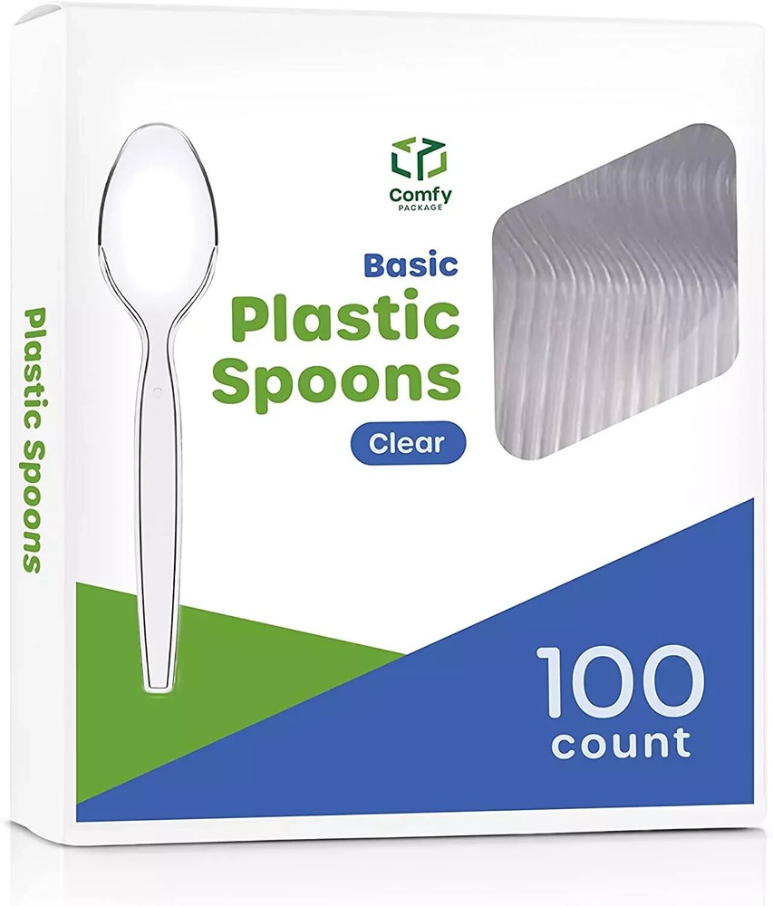 [100 Pack] Heavy Duty Disposable Basic Plastic Spoons - Clear Teaspoons