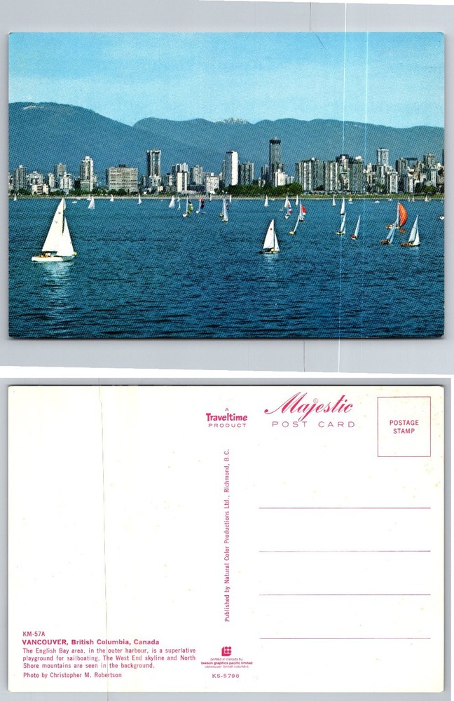 Vintage Vancouver BC Postcard English Bay Sailboats City Skyline Mountains
