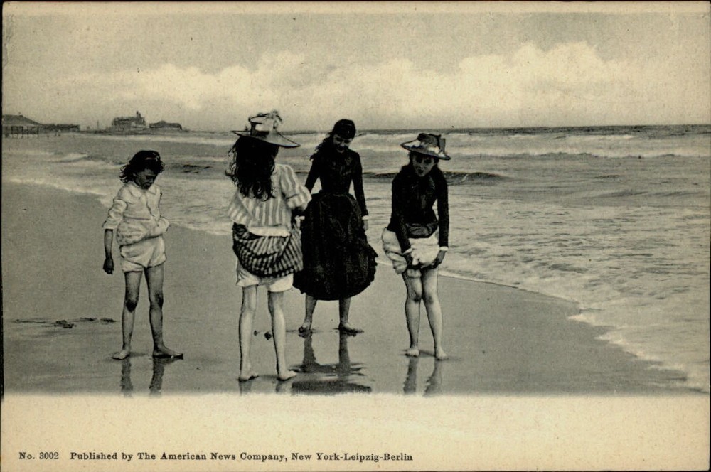 Atlantic City? NJ Edwardian girls dresses wading ocean beach c1905 UDB postcard