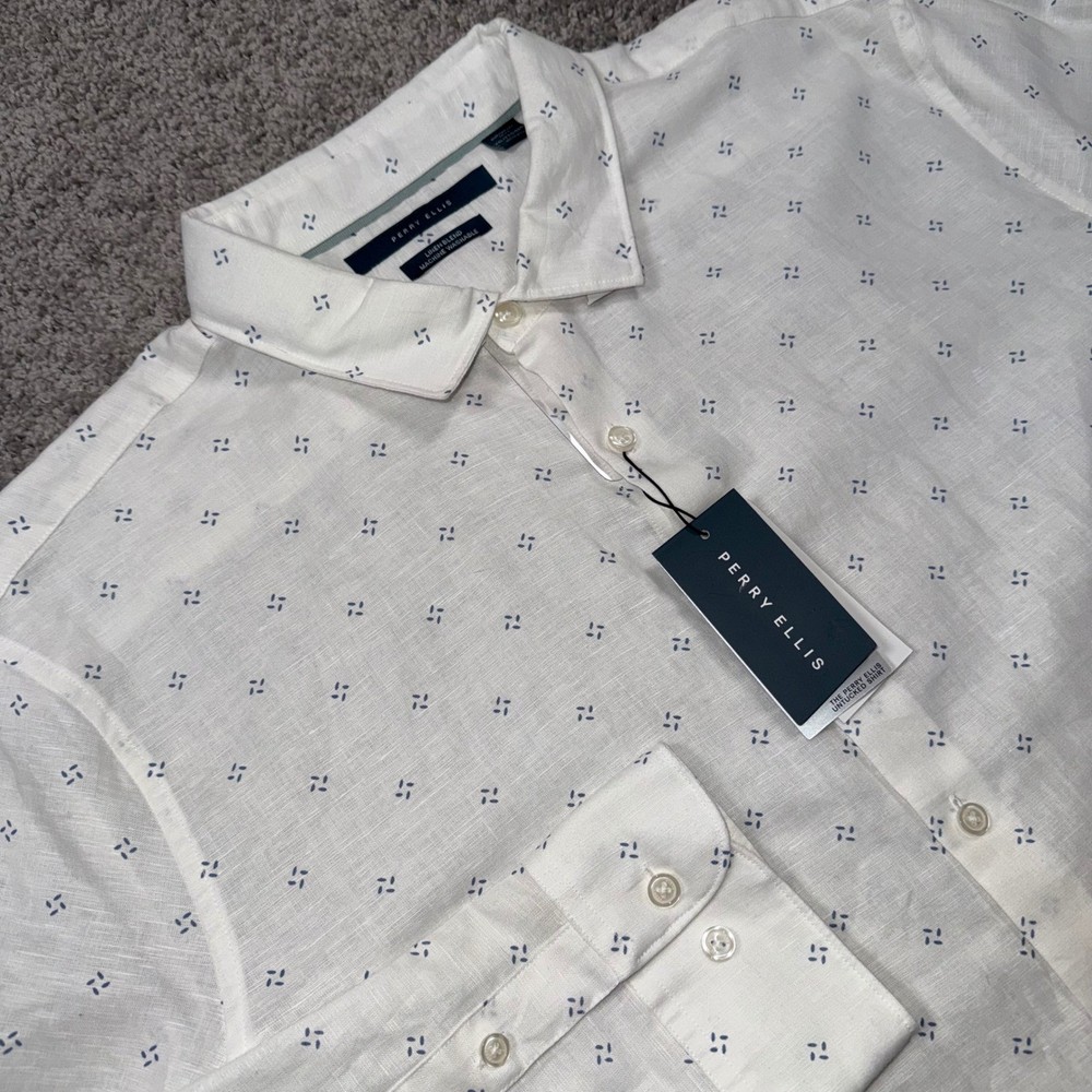 Perry Ellis Untucked Button Up Shirt Mens Linen Blend Geometric White XXL NEW