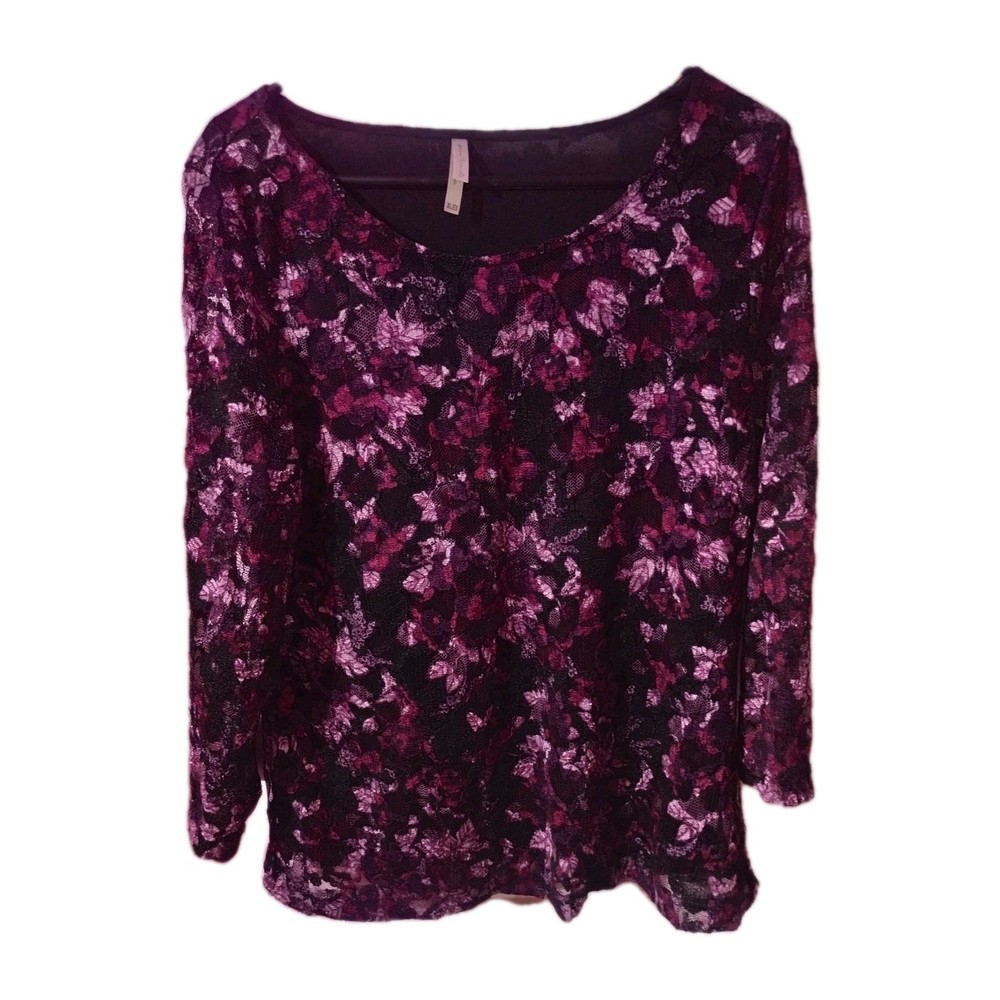 White Stag Purple Floral Lace Lined Blouse Top Size Sheer Lace 3/4 Sleeves XL
