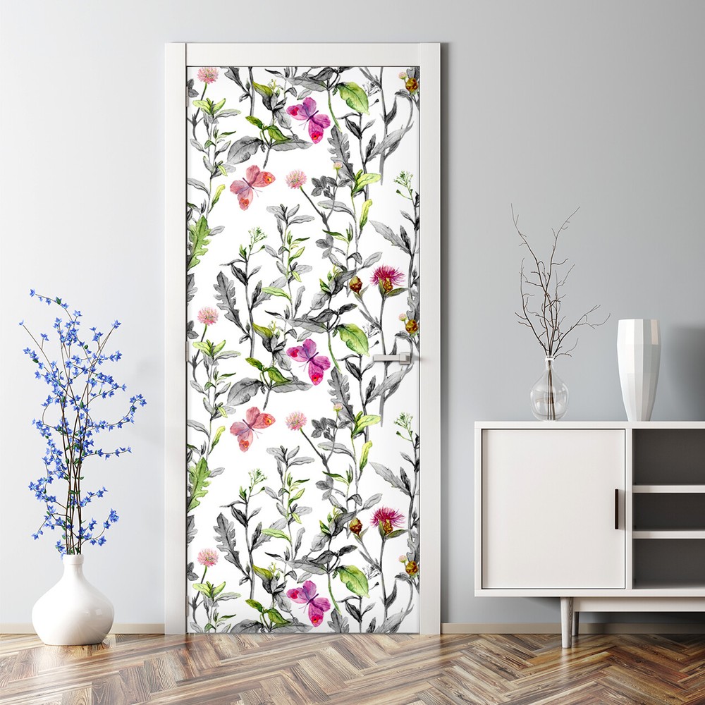 Meadow Flowers Adhesive  Vintage Field Floral Mural Peel & Stick Door Wrap