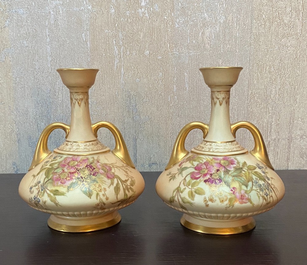 A Royal Worcester Porcelain Pair Two-Handled Blush Ivory Vases Painted Wild Rose