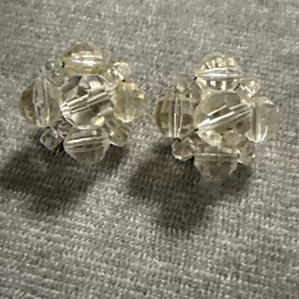 Vintage Crystal Clip On Earrings Clear Cluster Floral Silver Tone Bead Faceted