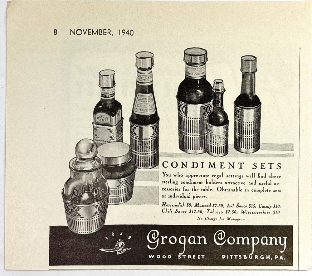 Grogan Company Condiment Sets, Wood Street Pittsburgh PA Vintage Print Ad 1940