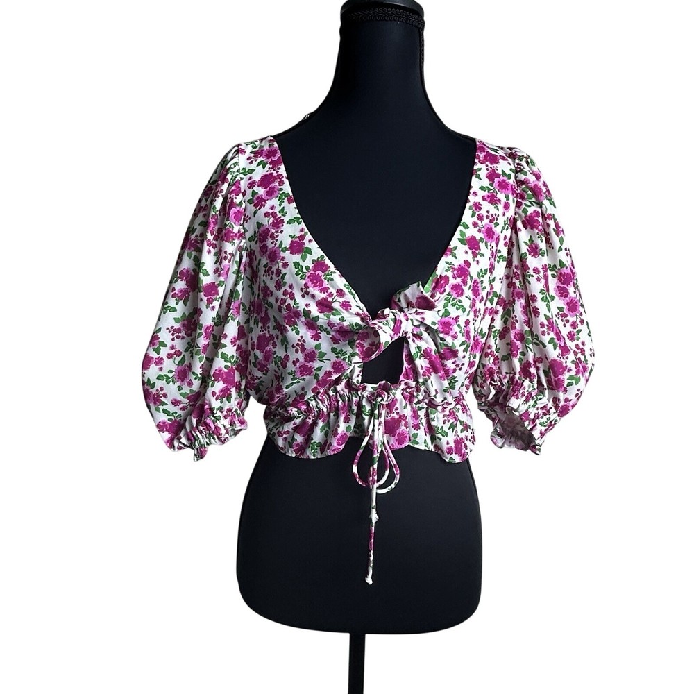 For Love & Lemons Womens S Crop Top Floral Puff Sleeve Smocked Hem Cottagecore
