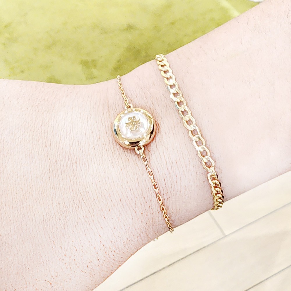 Authentic Tory Burch 18K Gold Plated Mother of Pearl Slider Bracelet 168605