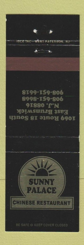 Matchbook Cover - Sunny Palace Chinese Restaurant East Brunswick NJ