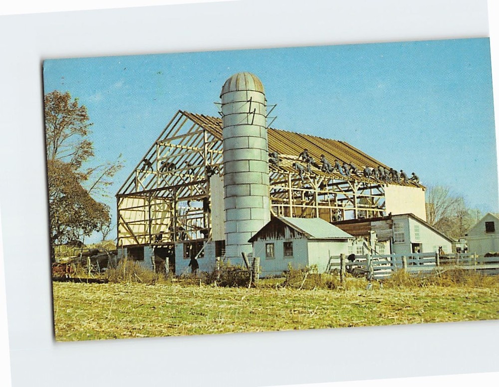 Postcard Amish Barn Raising Pennsylvania USA