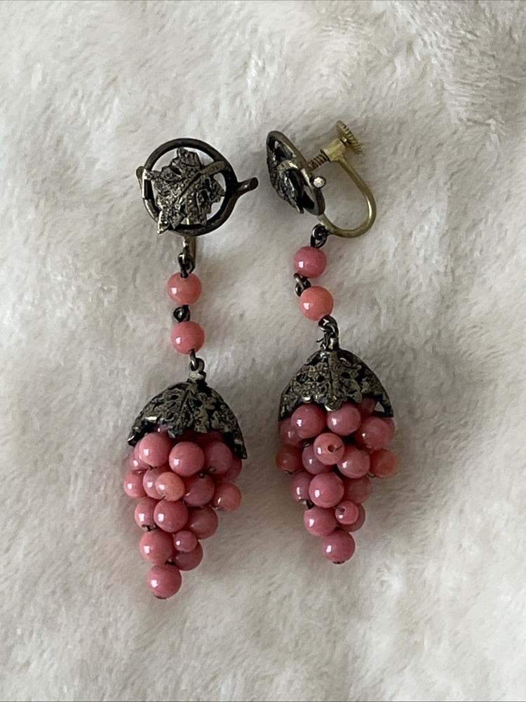 Vintage Antique Coral  Grape Cluster Earrings Screwbacks