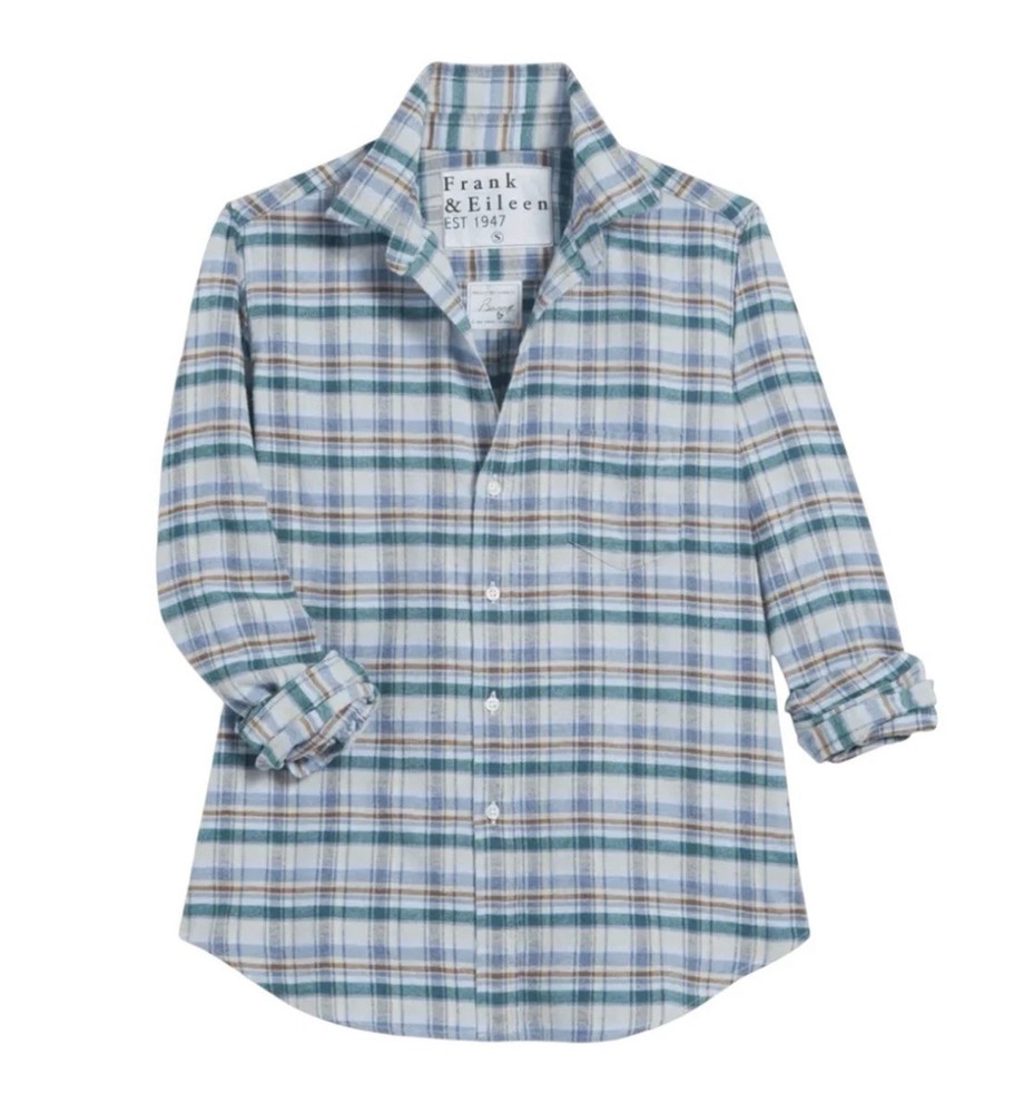 Frank & Eileen Womens L Button Up Collared Tailored Plaid Shirt Blue LARGE NEW!