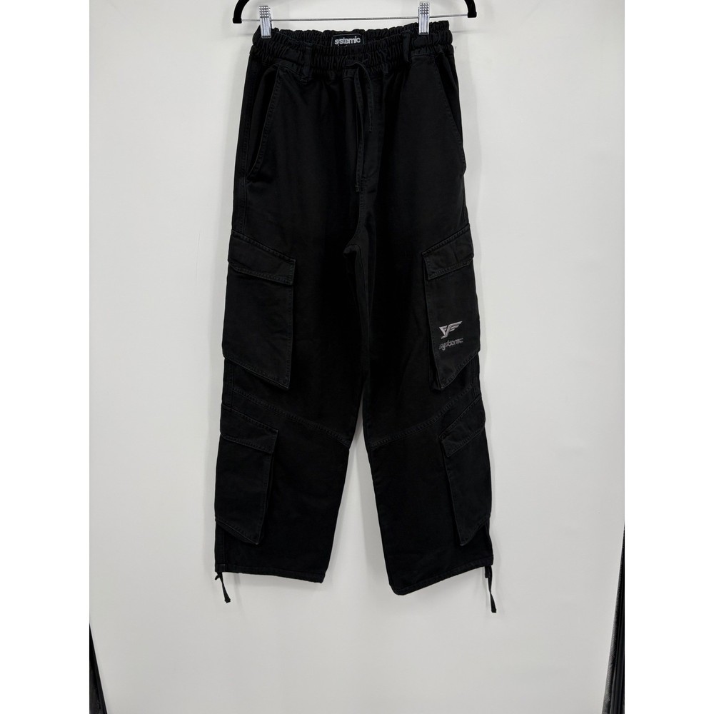 Systemic Black Cargo Pants Multi Pocket Tactical Utility Wide Leg Mens Size S