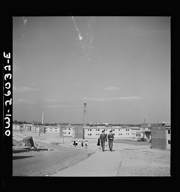 Photo:Military Base Housing, 1940s Soldiers Walking with Civilians