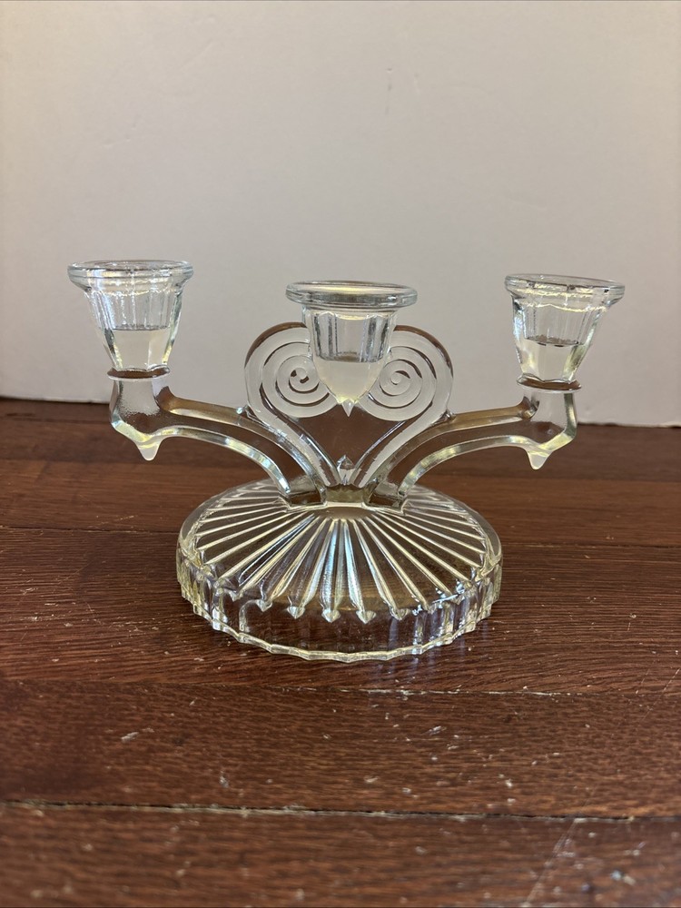 Vintage Jeanette Cosmos Pressed Depression Glass Triple Candlestick Holder