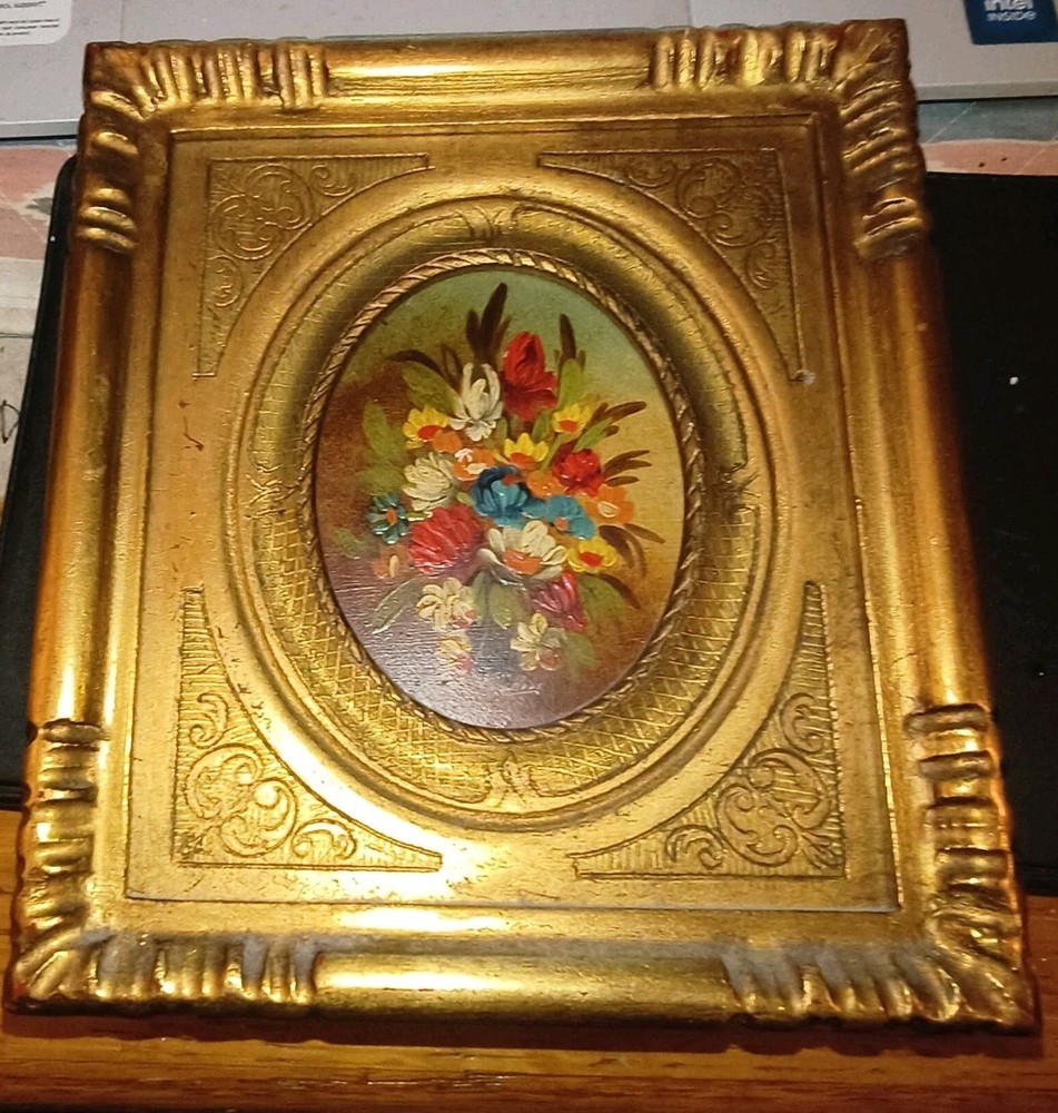 Vintage Miniature Oil Painting Floral  Framed Signed VAN HOLT 6X6  Art