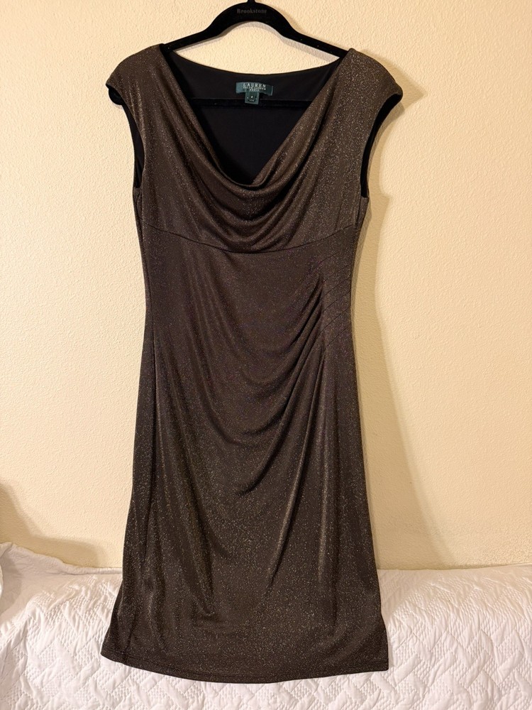 Lauren Ralph Lauren Brown Gold Metallic Draped Sleeveless Dress Gown Size 8