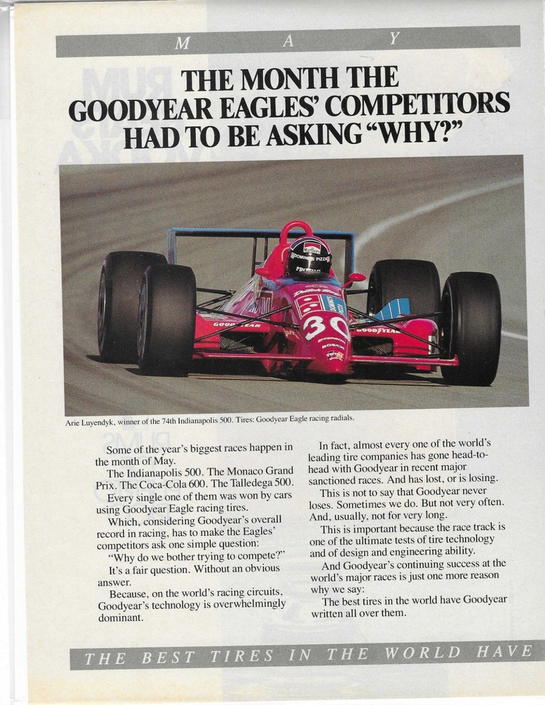 Indy 500 Arie Luyendyk  Goodyear Eagle Racing Radials Original Print Ad