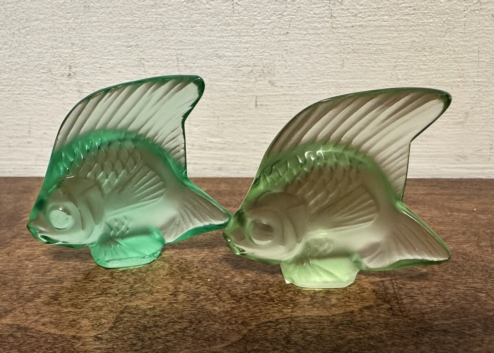 Lot of 2 LALIQUE Crystal Green Fish Figurines , Signed