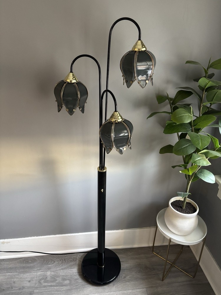 Vintage Tulip Lamp Lotus Flower Hollywood Regency MCM Black Glass Waterfall 5ft