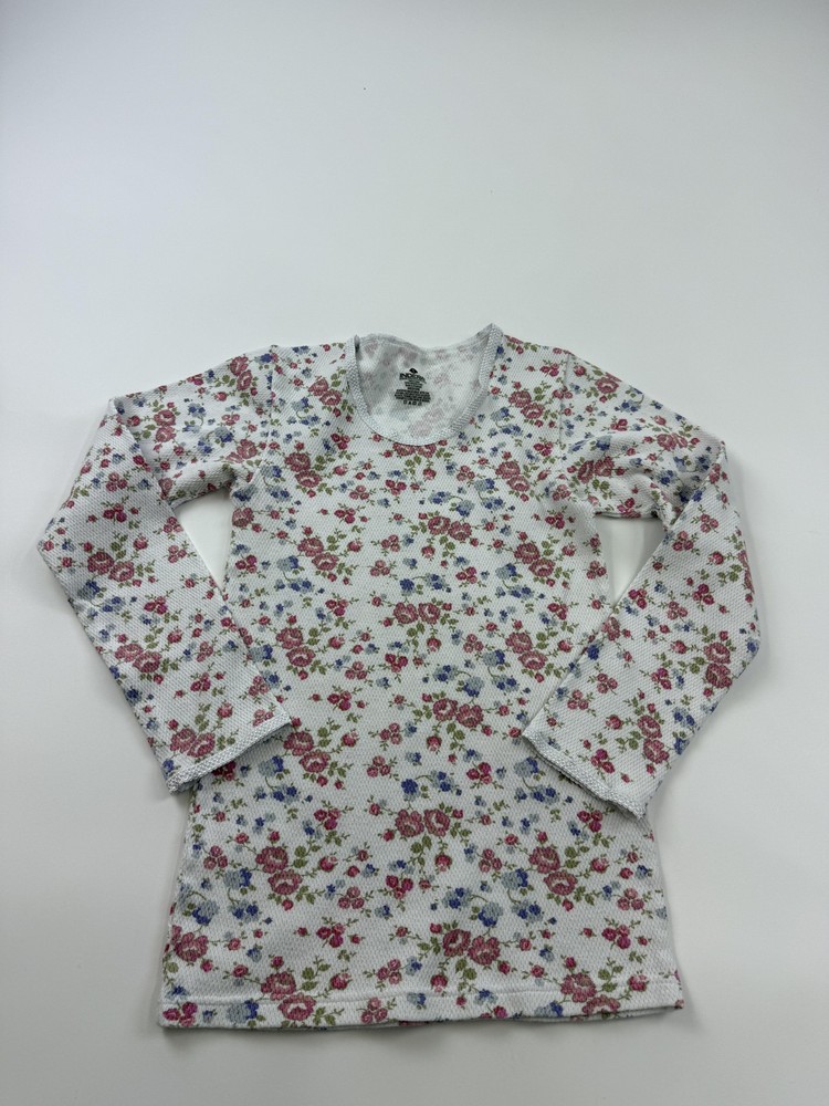 Indera Shirt Womens Medium White Floral Thermal Long Sleeve Waffle Knit Top