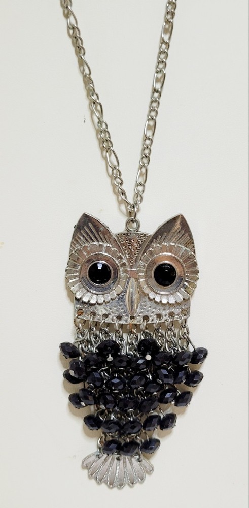 Vintage Beaded Owl Pendent Long Necklace 29 with 3 Extender Silver Tone