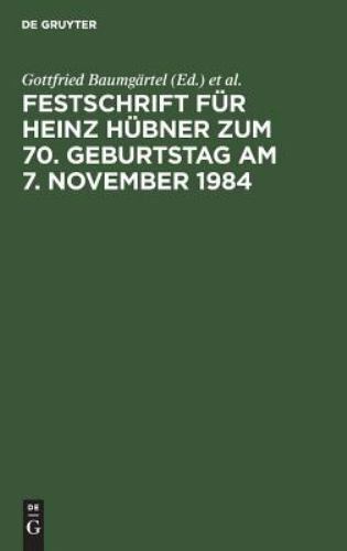 Festschrift Für Heinz Hübner Zum 70 Geburtstag Am 7 November 1984, Hardcover ...