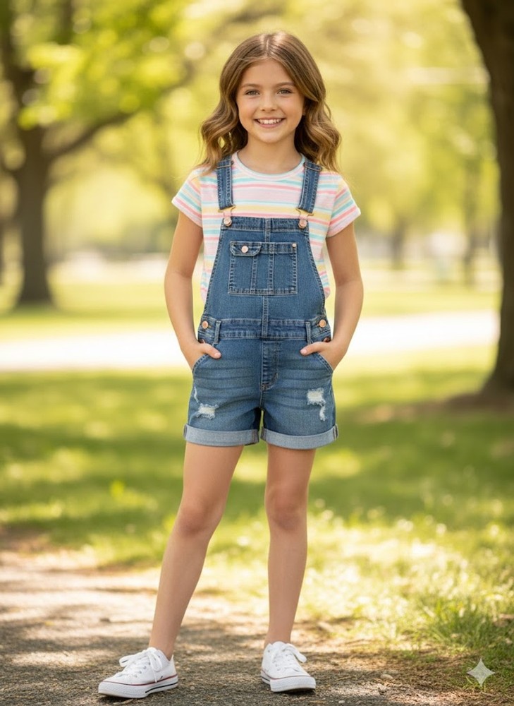 Jordache Girls Denim Shortalls Size L (10-12) Distressed Medium Wash Jean Overal