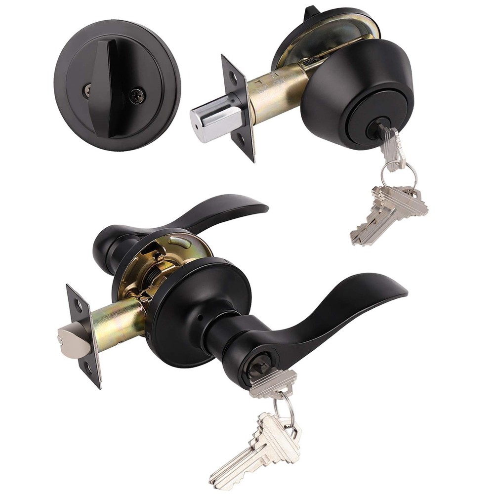 Gobrico Black Exterior Door Lever Lockset with Single Cylinder Deadbolt