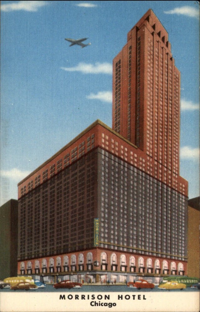 Morrison Hotel Chicago Illinois airplane ~ 1940s linen postcard