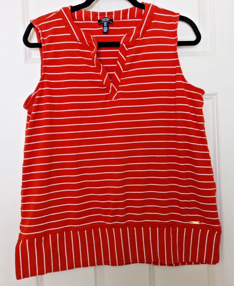 Jones New York Womens Large Orange & White Striped V-Neck Sleeveless Top