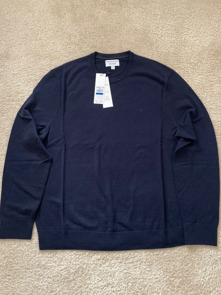 Men's Calvin Klein 100% Italian Merino Wool Crew Neck Sweater XL Dark Blue NWT