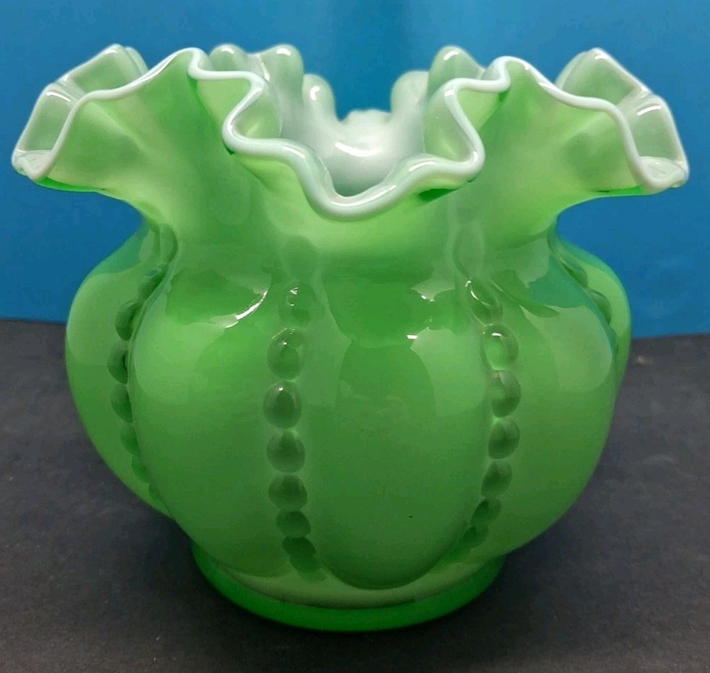 Fenton Art Glass ivy green beaded melon cased glass bowl vase