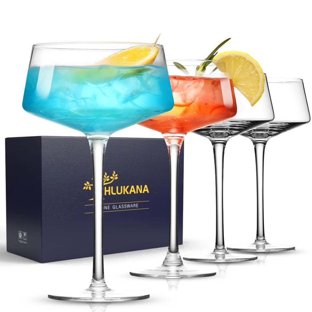 Elegant Hand-Blown 8 oz Crystal Coupe Martini Glasses Set of 4