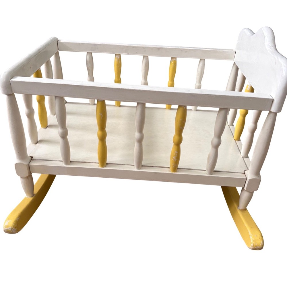 VTG 1983 Cabbage Patch Kids Wooden Rocking Cradle White Yellow with Mattress