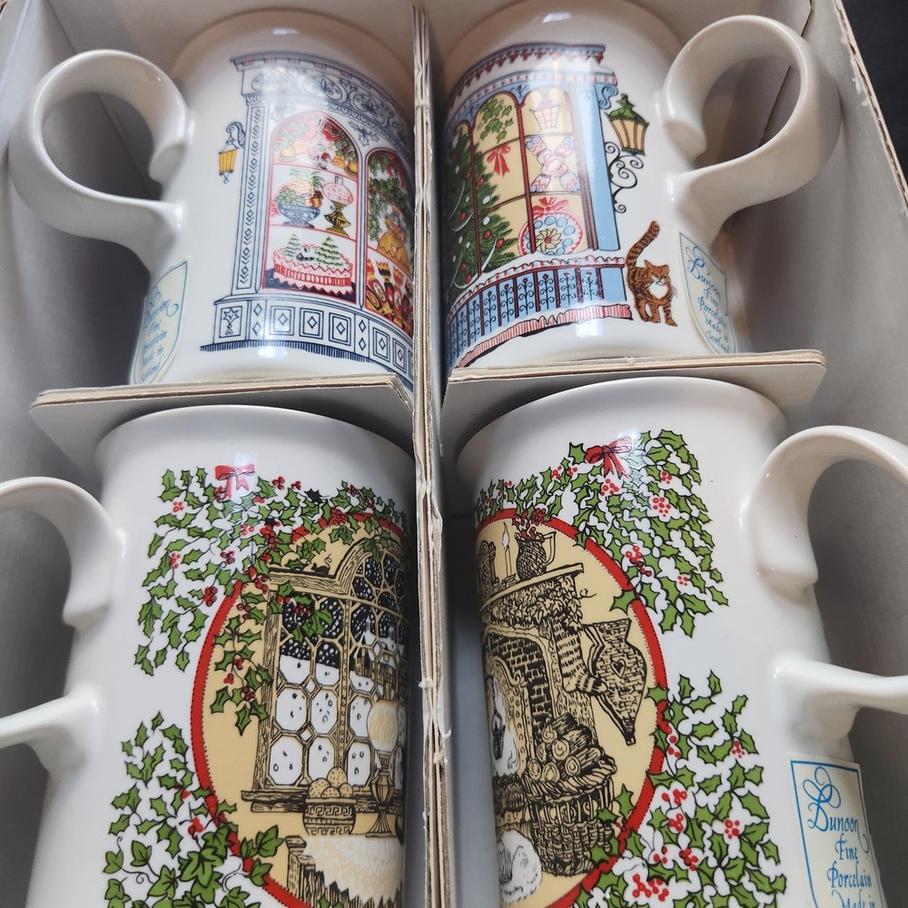 Dunoon Christmas Mugs Cups Set of 4 Made in England Sue Scullard Vintage