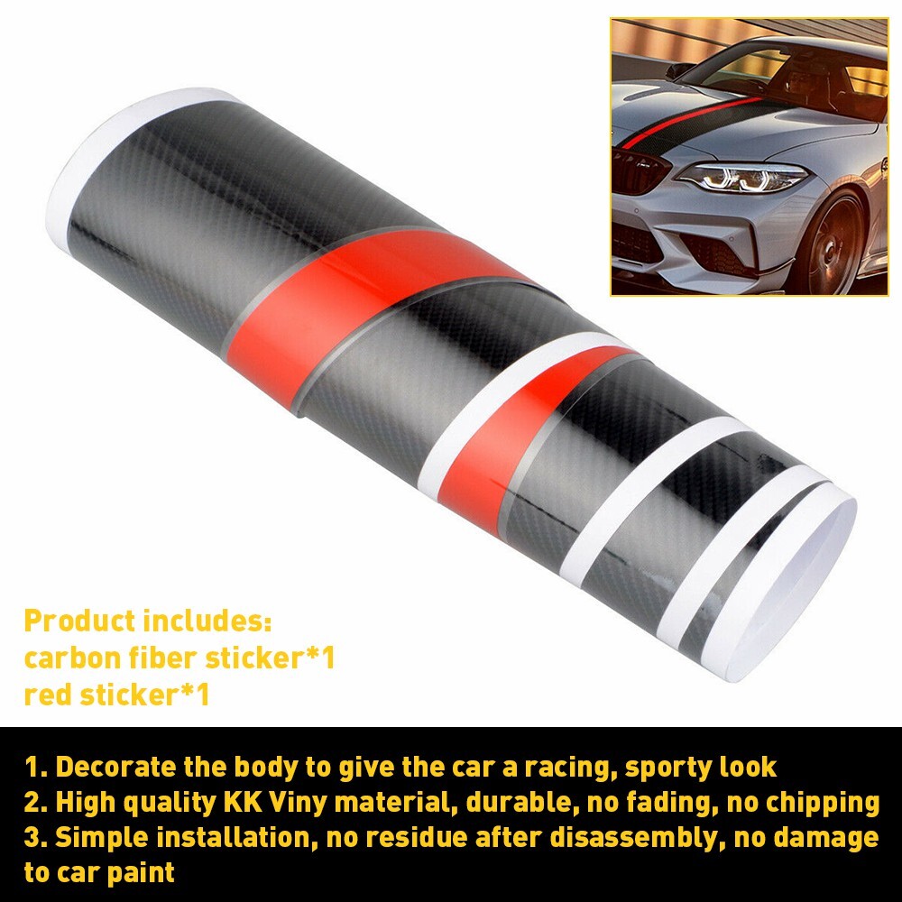 Car Rally Front Stripes Racing Hood 5D Fiber Carbon + red Decal Wrap Sticker