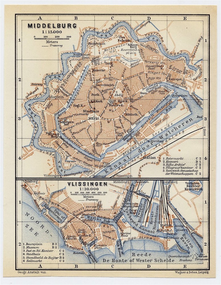 1910 Antique City Map Of Middelburg / Vlissingen Flushing / Holland Netherlands