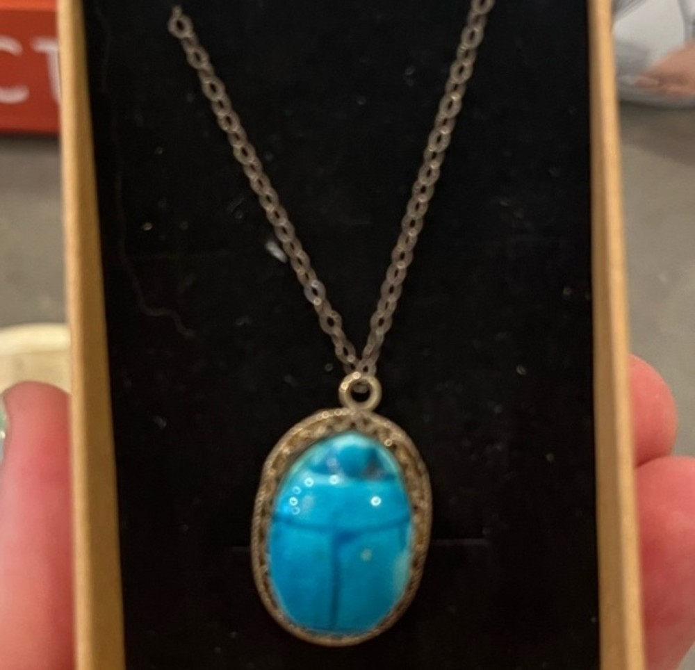 Vintage Egyptian Revival Sterling Silver Scarab Necklace Molded Cabochon Art Dec