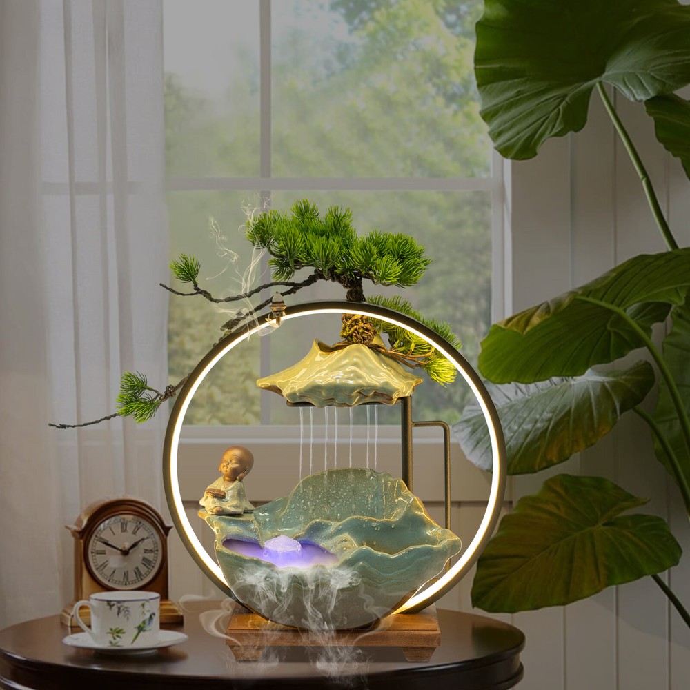 Tabletop Water Fountain Indoor Waterfall with LED Mist Desk Fountain Feng Shui