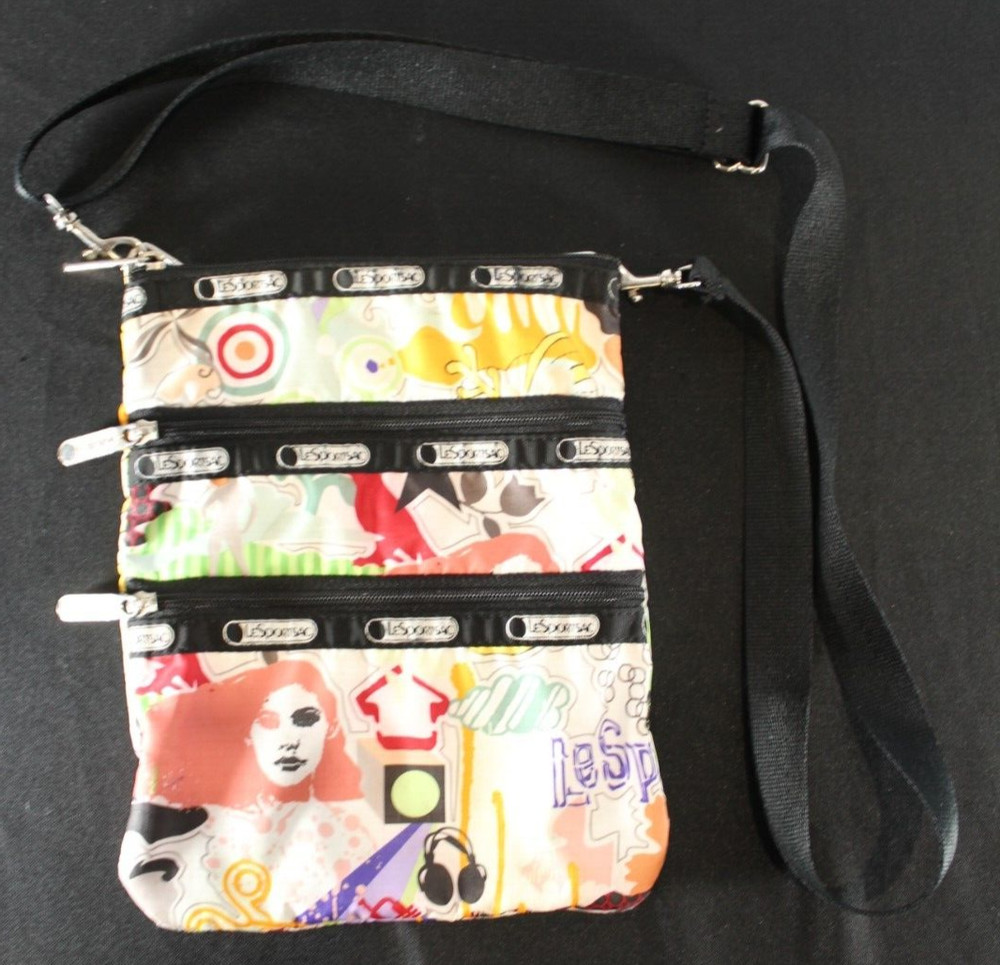LeSportsac Abstract Art Music Bird Horse Graffiti 3-Tier Zip Crossbody Bag Purse-image