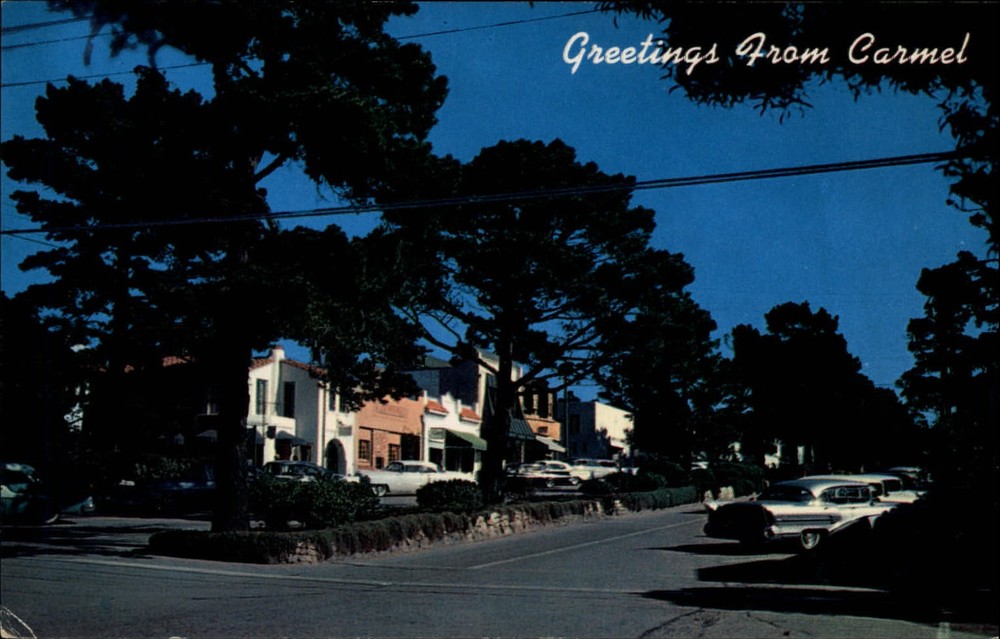 Carmel California Ocean Avenue 1950s classic cars scenic vintage postcard