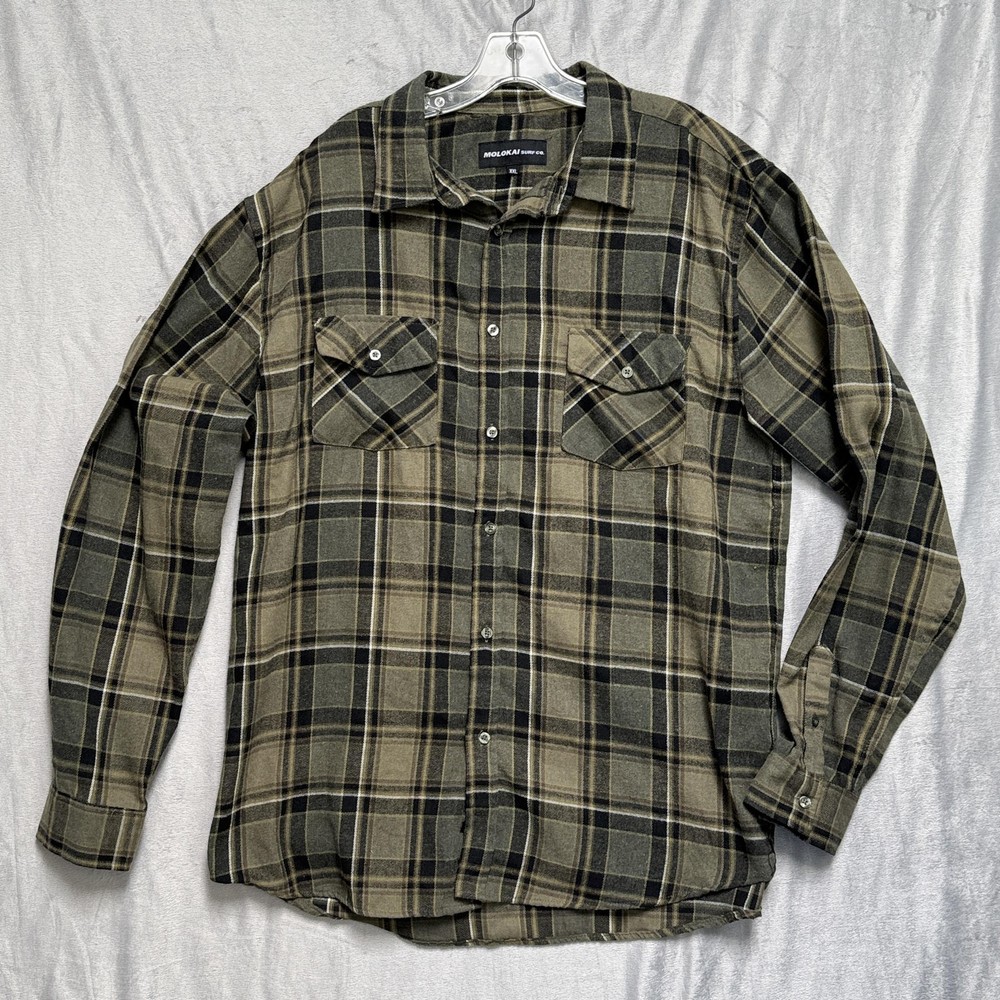 Molokai Surf Co Shirt Mens 2XL Green Black Plaid Flannel Button Up Long Sleeve